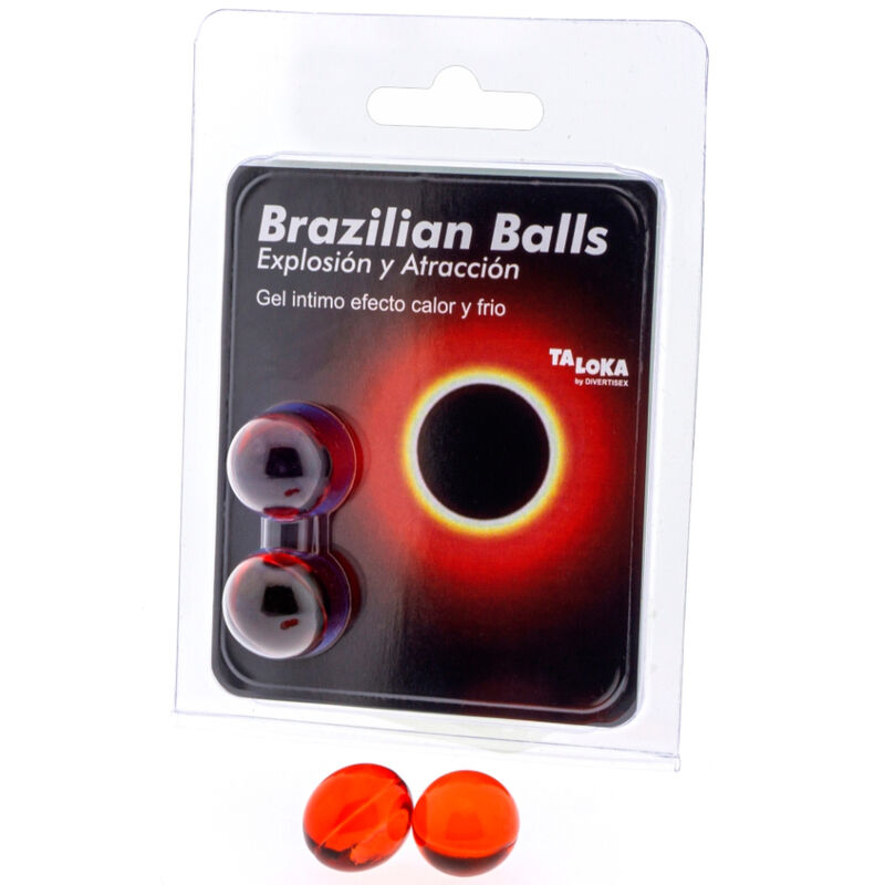 Packaging for Brazilian Balls, an intimate toy with two red silicone balls shown next to a blister pack labeled 'Brazilian Balls' and 'Gel íntimo'