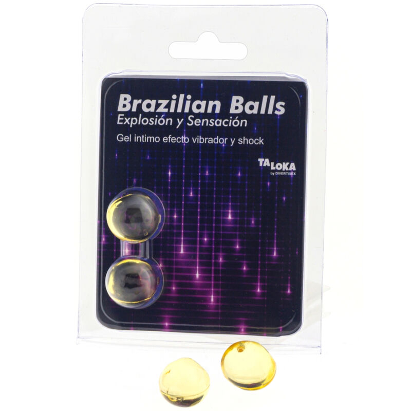 Blister-packged Brazilian Balls intimate gel beads, showing two golden spheres against a dark purple background with product text visible.
