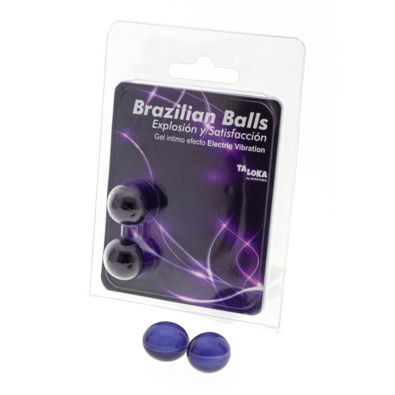 Purple vibrating balls in clear blister packaging labeled 'Brazilian Balls' with 'electric vibration'; two loose blue spheres nearby on white background.