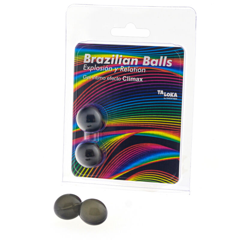 Two glossy black silicone balls next to rainbow-themed packaging labeled 'Brazilian Balls' (Explosión y Relación).