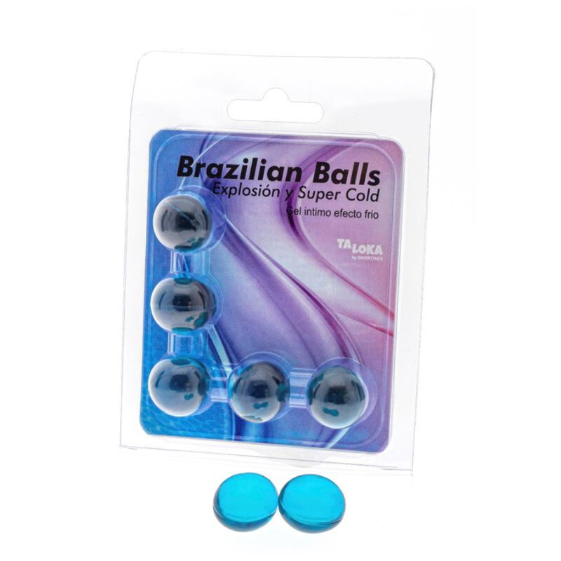 Kegel ball set in clear packaging with blue spheres and two loose blue discs beside it, labeled Brazilian Balls for intimate use.