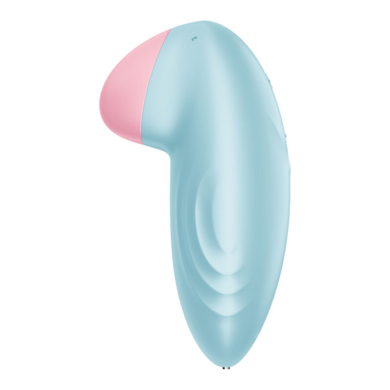 Blue curved personal massager with a pink tip, designed for sexual wellness and stimulation (ergonomic shape for targeted use).