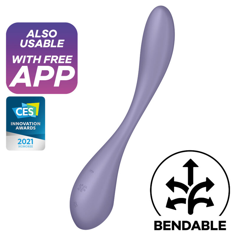 Purple bendable vibrator with app-enabled features and CES 2021 award logos shown on the left