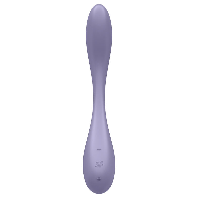 Purple handheld vibrator with a curved shape and control buttons on the handle for adjusting intensity and modes.