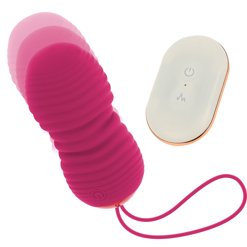 Pink ribbed silicone vibrator with a wireless remote control and matching charging/receiver unit, designed for personal stimulation.