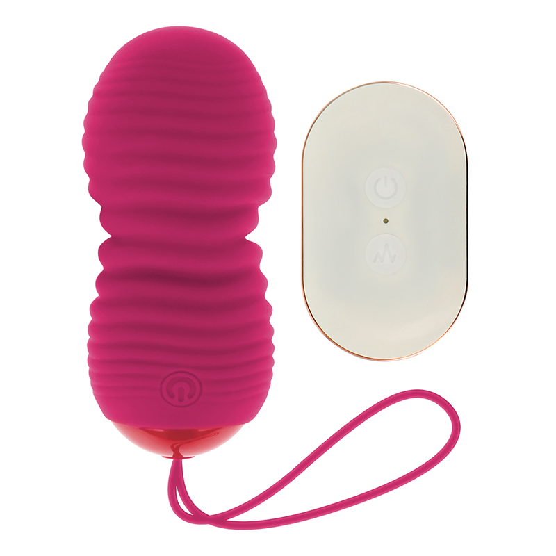 Pink ribbed silicone vibrator with a matching pink cord and a white wireless remote featuring power and mode buttons.