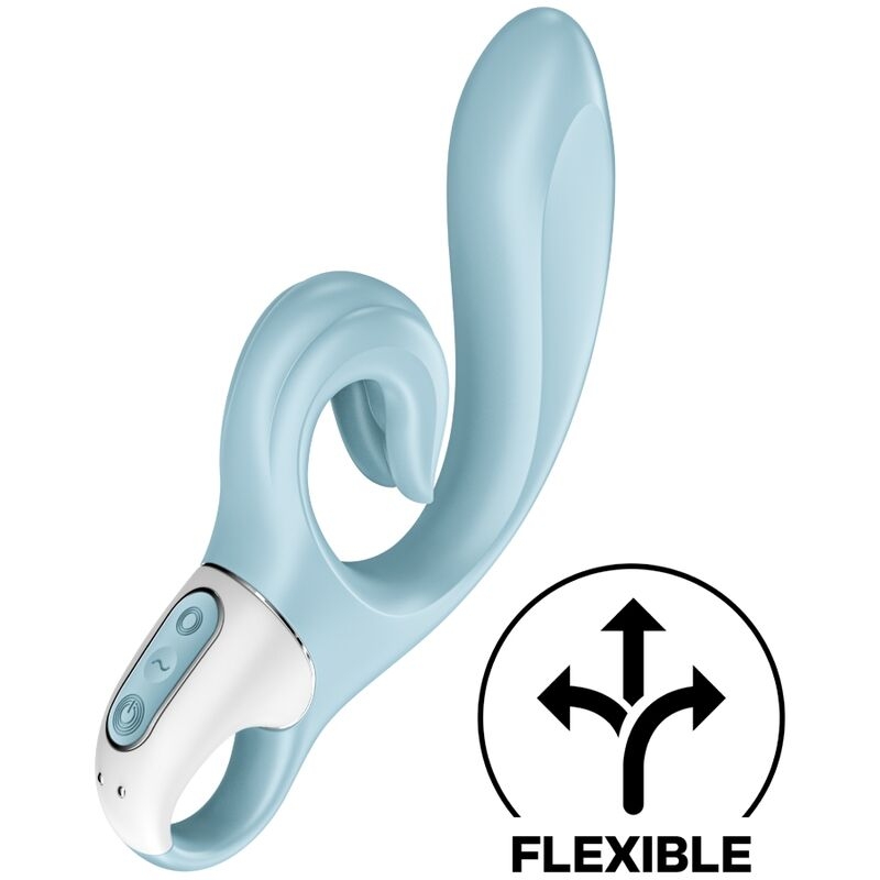 Blue flexible vibrator with curved shaft and white control panel at the base; includes a 'FLEXIBLE' symbol indicating bendable design, image of product.