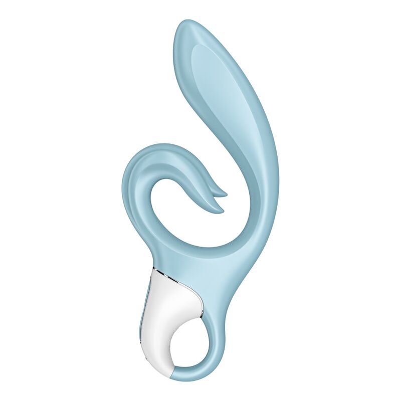 Blue curved sex toy vibrator with a loop handle and flexible shaft for internal stimulation.