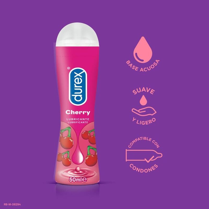 Durex Cherry water-based lubricant bottle (50 ml) with cherry graphics on a purple backdrop; bases acuosa and condom-compatible text visible.