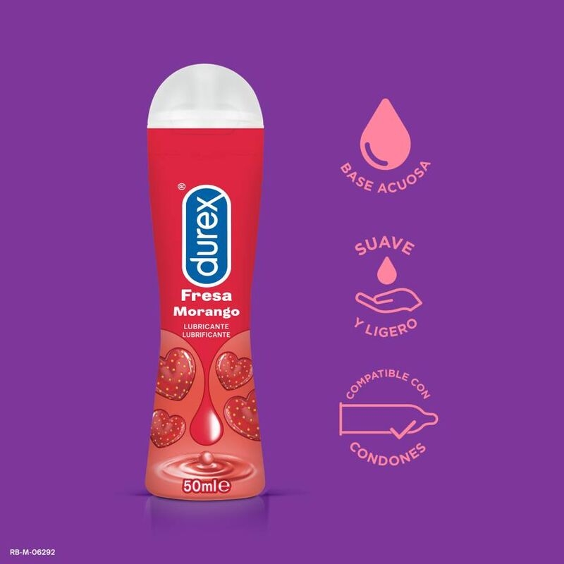 Durex strawberry lubricant bottle on a purple background, with icons indicating water-based, smooth and light, and condom compatibility.