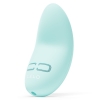 Mint-green LELO curved massage device with an egg-shaped body on a white background, upright view.