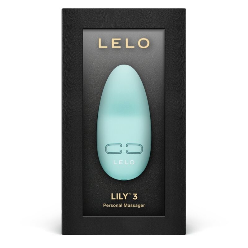 Promotional image of a turquoise LELO Lily 3 personal massager in black display box with gold lettering and branding on packaging.