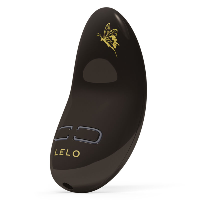 Black curved LELO device with butterfly logo, two blue-gray buttons, and a small base opening.