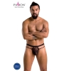 img_135684_98a8a6e469315080a4899c8518a138b8_1jpg - Sex Shop | Lodia.gr - 100% Διακριτική Και Παράδοση με courier της επιλογή σας Male model wearing a black strappy jockstrap, arms crossed, with the PASSION logo at top left and a Made in Europe badge bottom left (product photo)