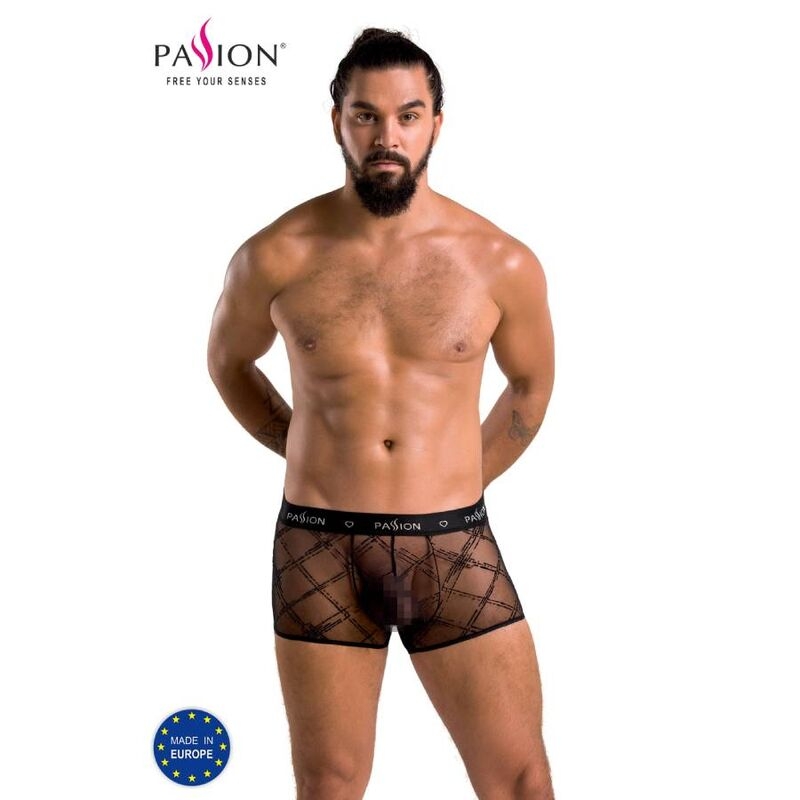 Male model wearing black mesh boxer briefs with diagonal pattern, branded waistband, logo 'Pasion' visible at top left.