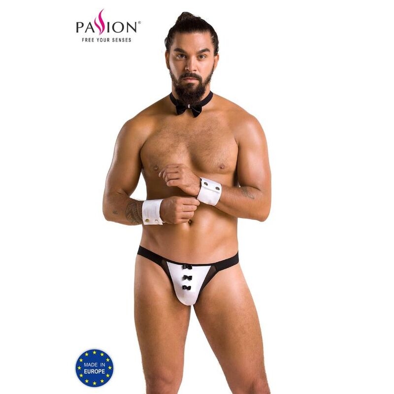Male model wearing white and black fetish underwear with cuffs and collar, advertising Passion brand.