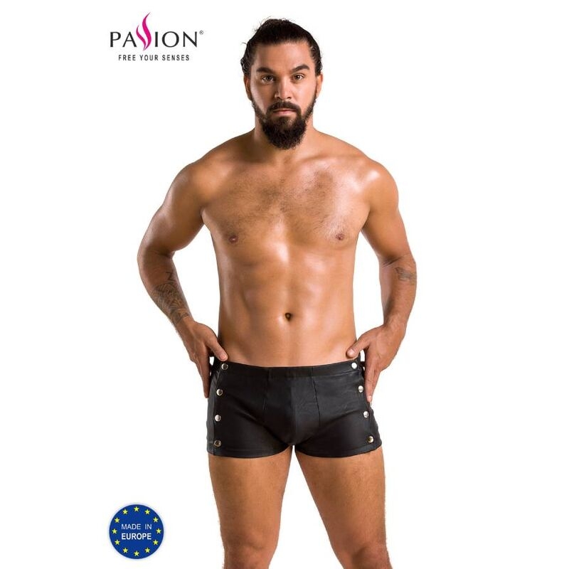 Male model with a bare torso wearing black shorts, brand logo PASION in the top left, and a 'Made in Europe' badge bottom left.