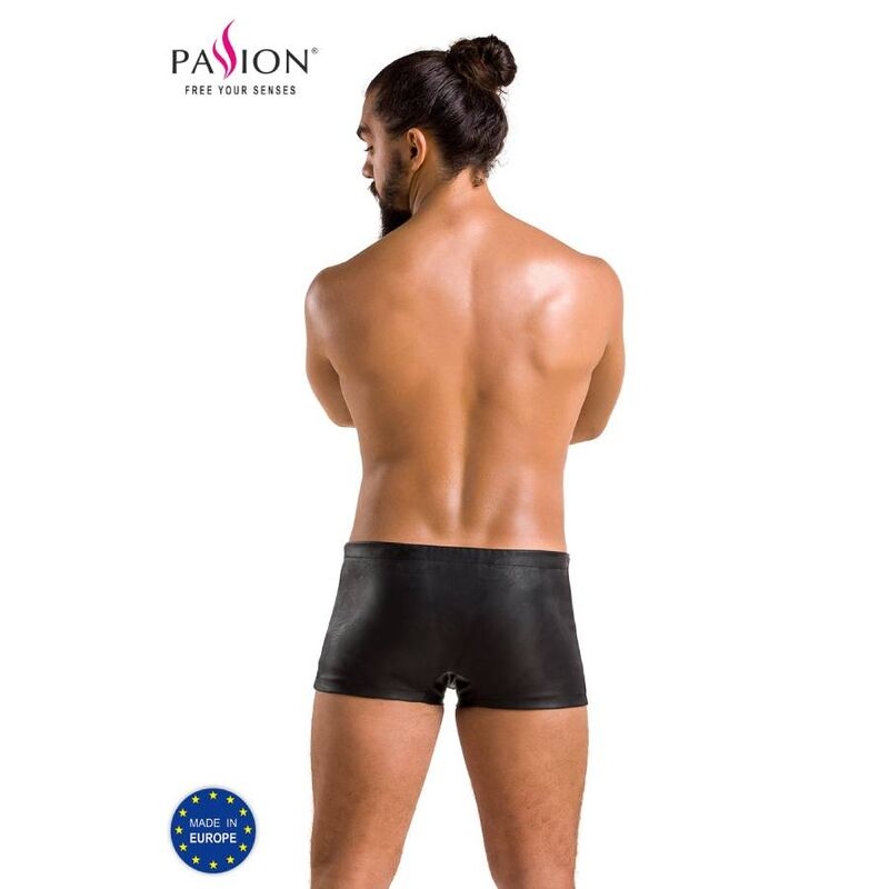 Back view of a shirtless man wearing black satin boxer briefs; the PASION logo appears in the top left and a Made in Europe badge is at the bottom left.