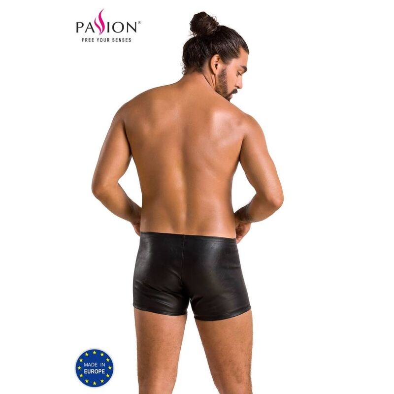 Male model facing away from the camera, wearing black leather-like shorts; Passion logo at top left and a 'Made in Europe' badge at bottom left.