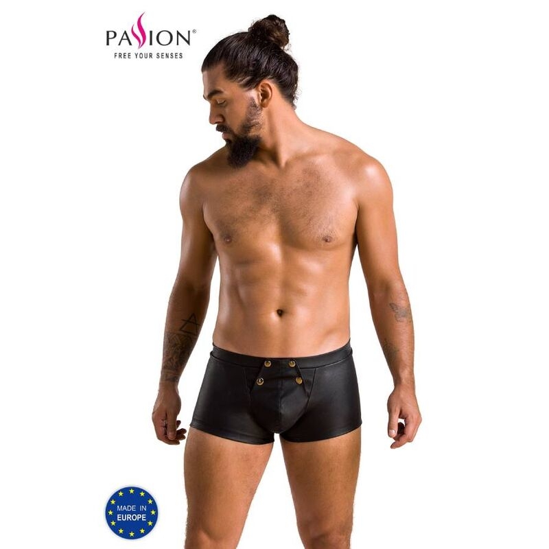 Male model wearing black leather-look boxer briefs in a studio setting; Passion logo visible in the top left corner.