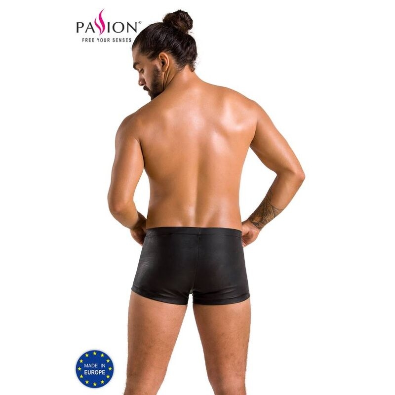 Back view of a muscular man wearing black boxer shorts; Passion logo in top-left and a Made in Europe badge bottom-left.