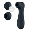 Dark handheld massage gun with three interchangeable silicone attachments and a circular “new cap” badge nearby, against a white background