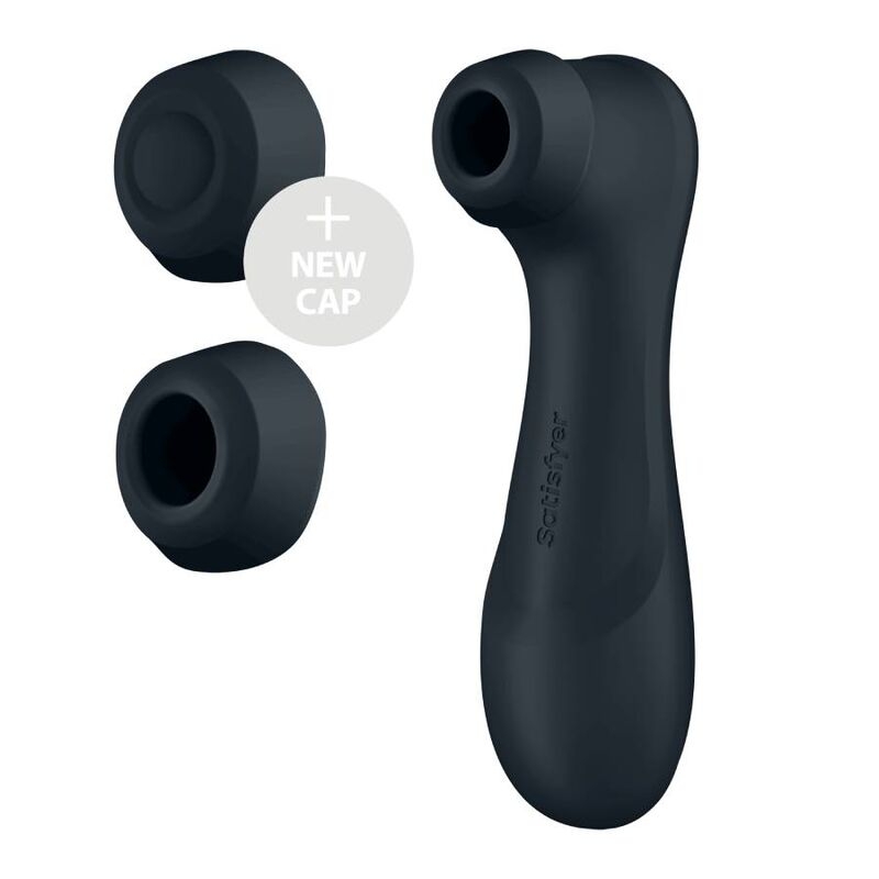 Dark handheld massage gun with three interchangeable silicone attachments and a circular “new cap” badge nearby, against a white background