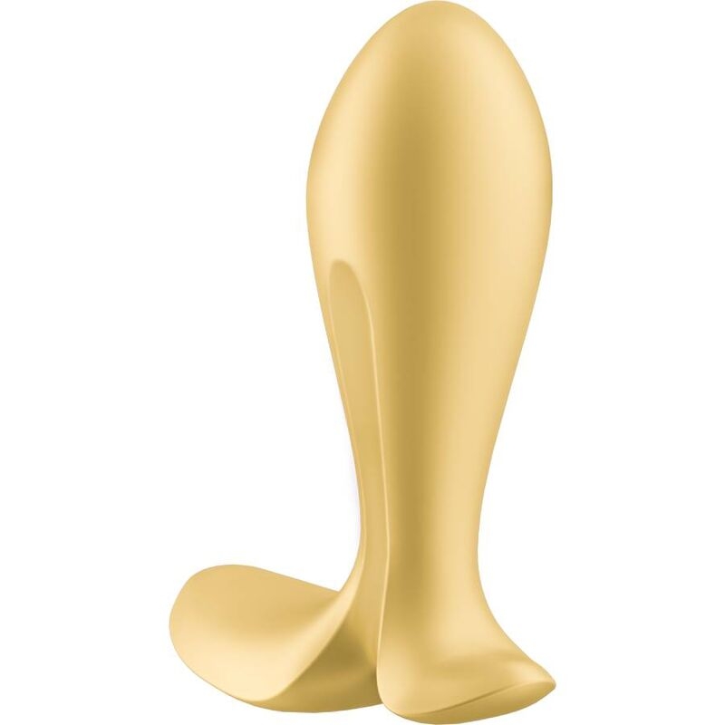 Gold-colored silicone butt plug with a curved shaft and flared base for safety and stability.
