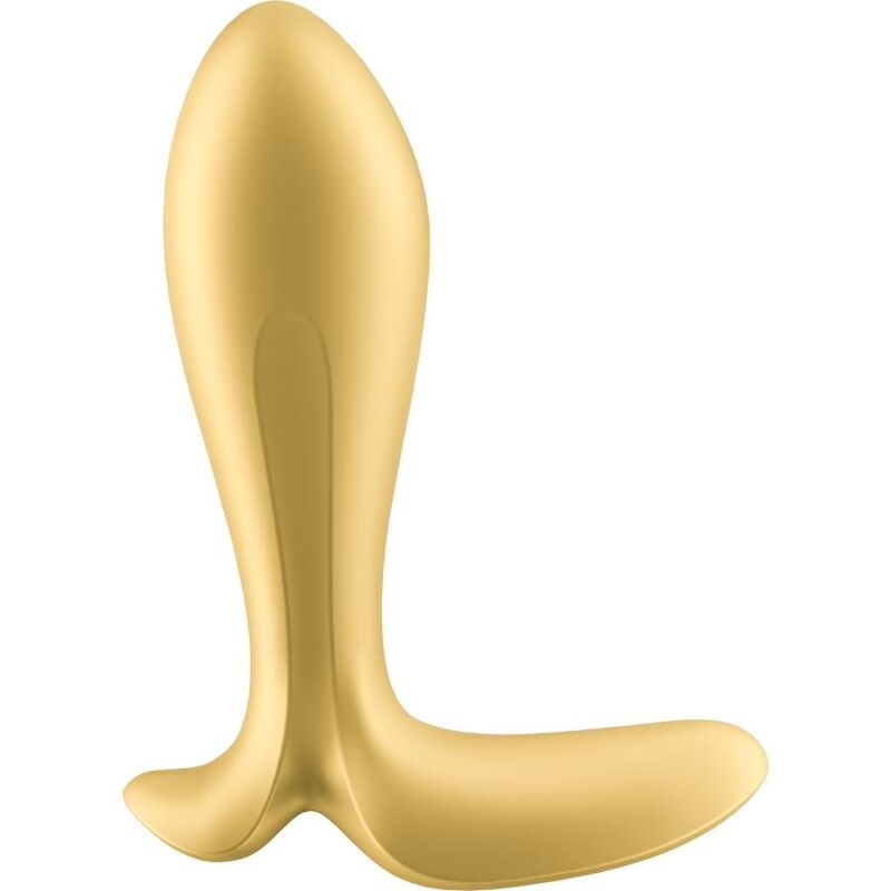 Gold-colored silicone butt plug with a tapered tip and flared base for safety and stimulation.