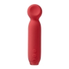Red silicone vibrator with a rounded tip and control buttons on the handle's side (plus and minus).