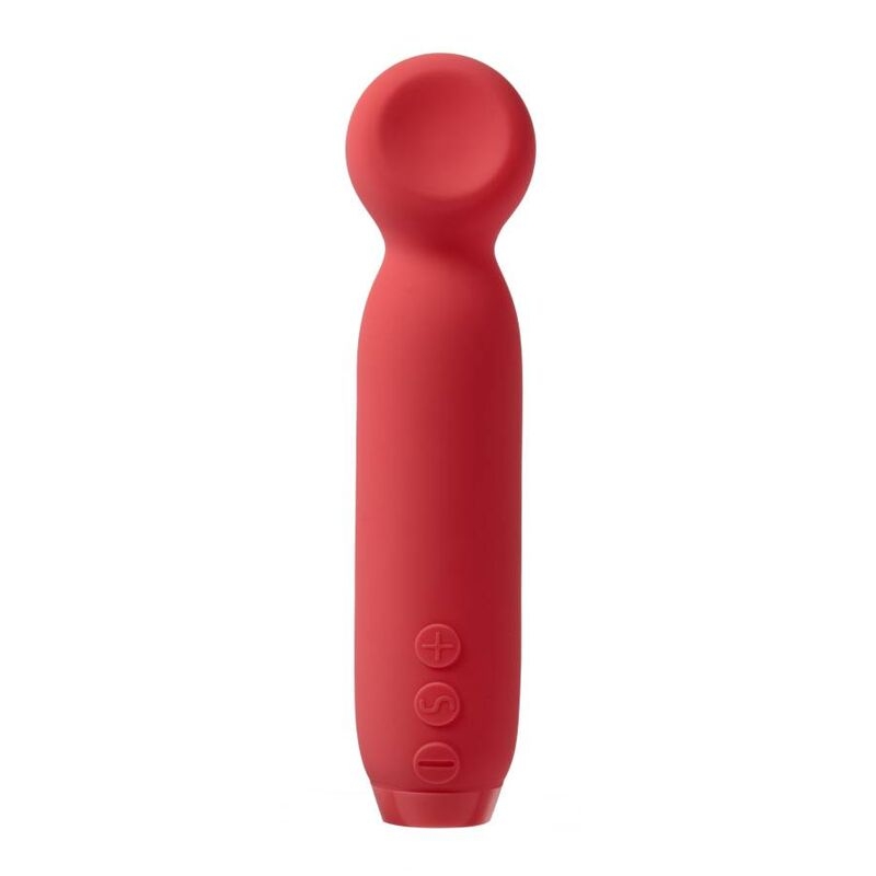 Red silicone vibrator with a rounded tip and control buttons on the handle's side (plus and minus).