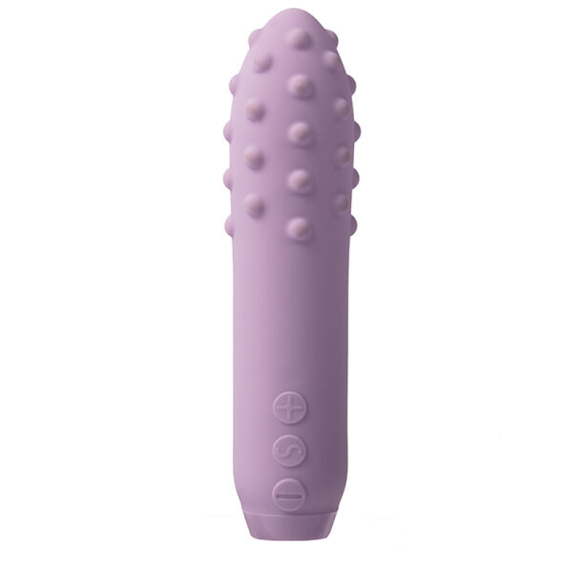 Pink silicone vibrator with textured nodules, standing upright; controls visible at the base.