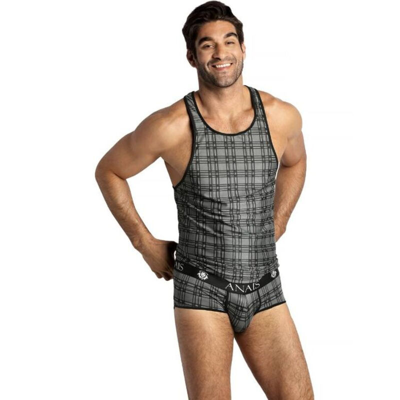 Smiling man modeling a gray plaid tank top and matching boxer briefs with a black waistband.