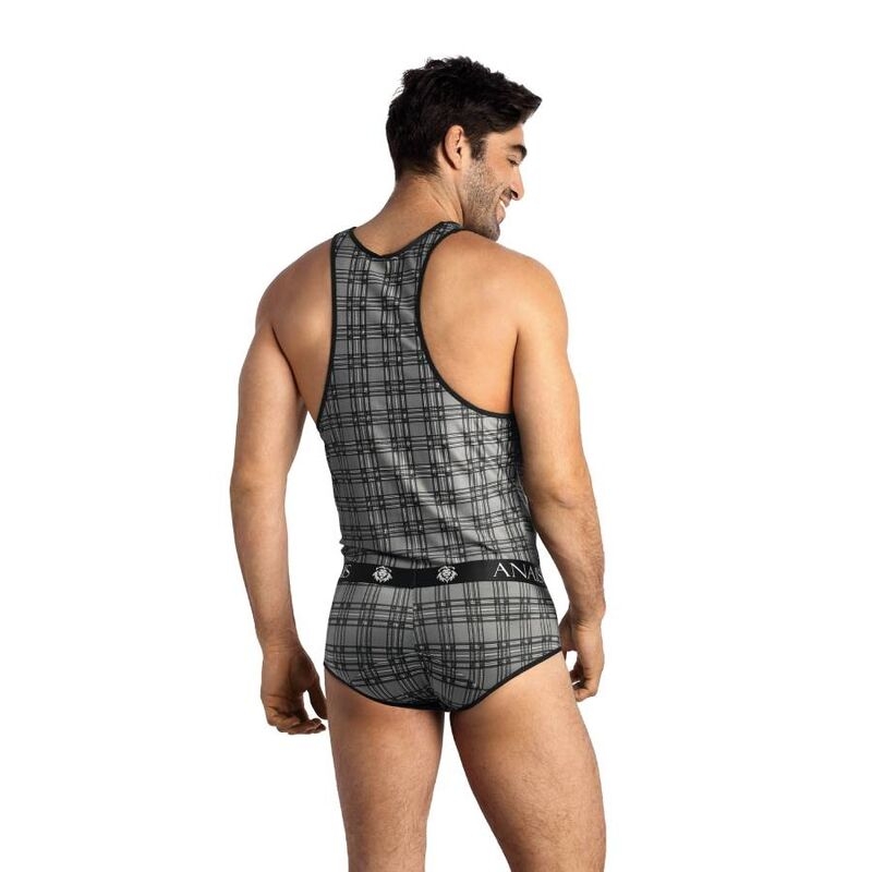 Man wearing a matching gray plaid athletic singlet and briefs, back view, standing with a slight smile.