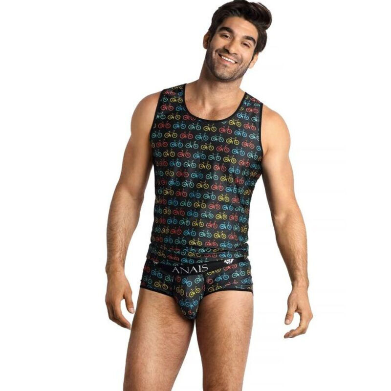 Man modeling a men's black underwear set (tank top and briefs) with a multicolored bicycle pattern.
