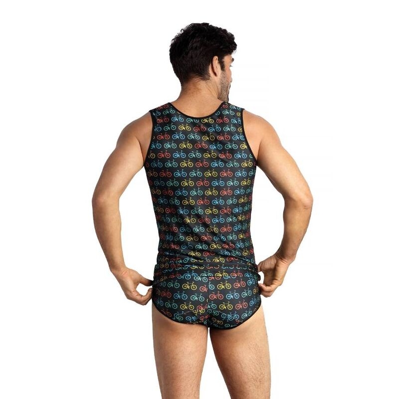 Back view of a man wearing a black sleeveless tank top and matching briefs with a repeating multicolored bicycle pattern.