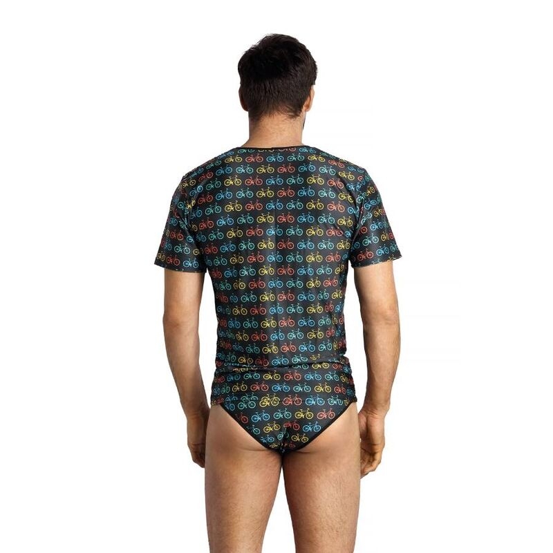 Back view of a man wearing a dark, all-over bicycle print T-shirt and matching briefs. Colors include red, blue, yellow bicycles on a black background.