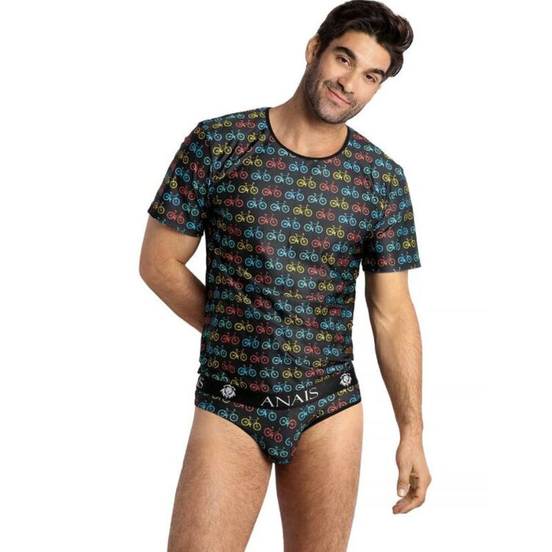 Man modeling a black matching underwear set with a multicolored bicycle pattern (short-sleeve shirt and briefs).