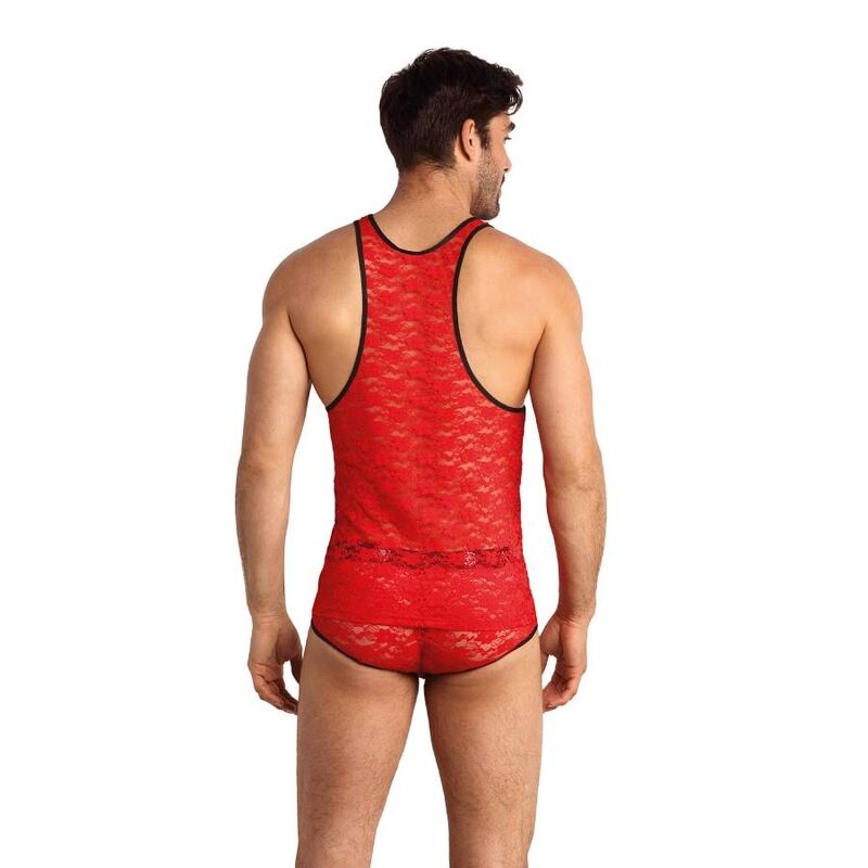 Back view of a man wearing a red lace tank top and matching red lace briefs.