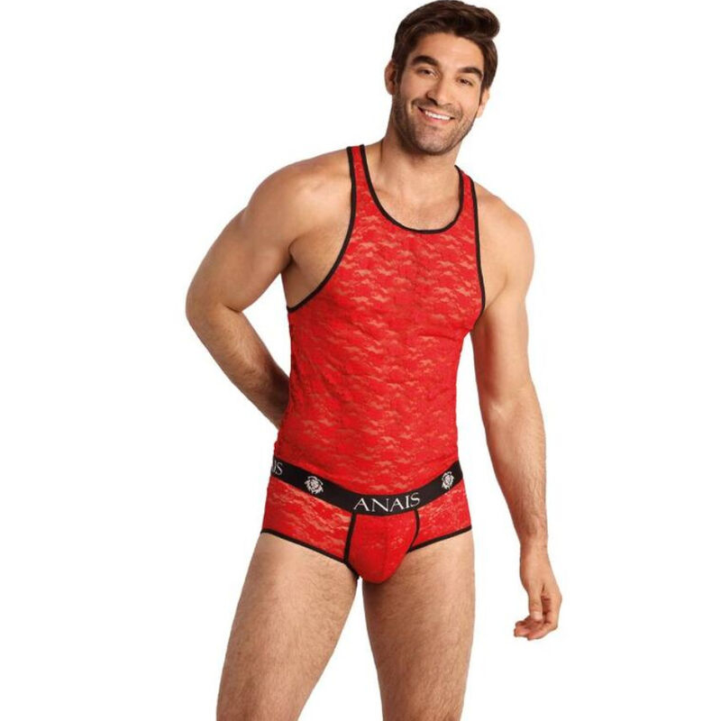 Male model wearing a red lace tank top and matching red lace briefs with a black waistband that says ANAIS.