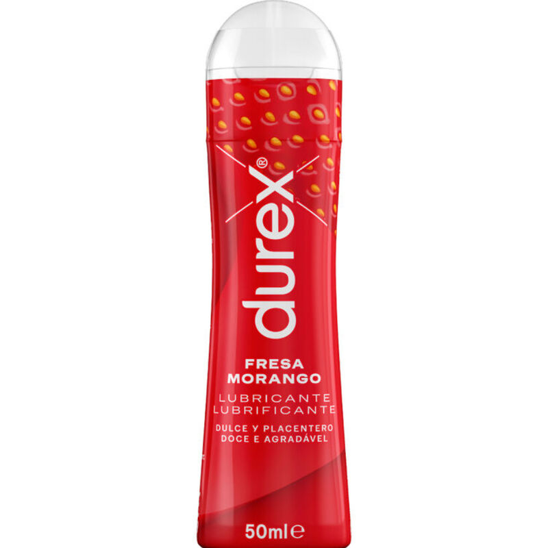 Red Durex lubricant tube with strawberry flavor branding and 50 ml capacity (Fresa Morango).