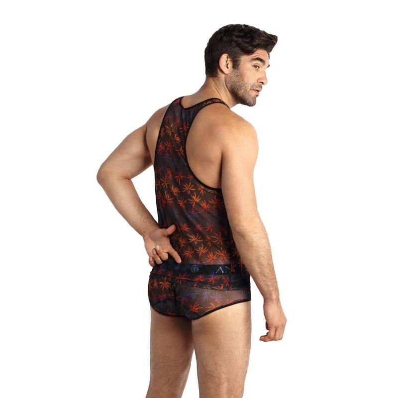 Man modeling a dark red palm-pattern tank top with matching briefs, shown from the back in a studio setting