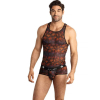 Male model wearing a black mesh tank top with red palm tree print and matching black briefs with an 'ANAIS' waistband on a white background.