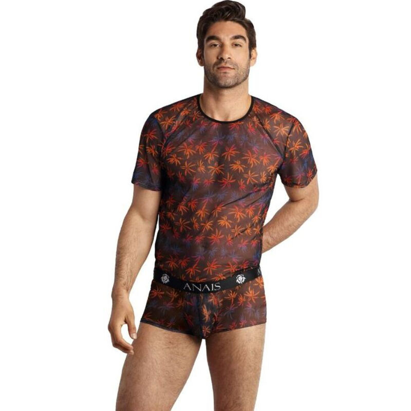Male model wearing a sheer, palm-patterned mesh shirt and matching shorts in red and black with an Anaïs waistband logo visible at the waist.