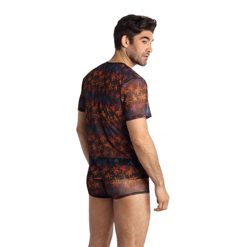 Back-view of a male model wearing a sheer black tropical-print shirt and matching mesh shorts with red palm tree pattern.