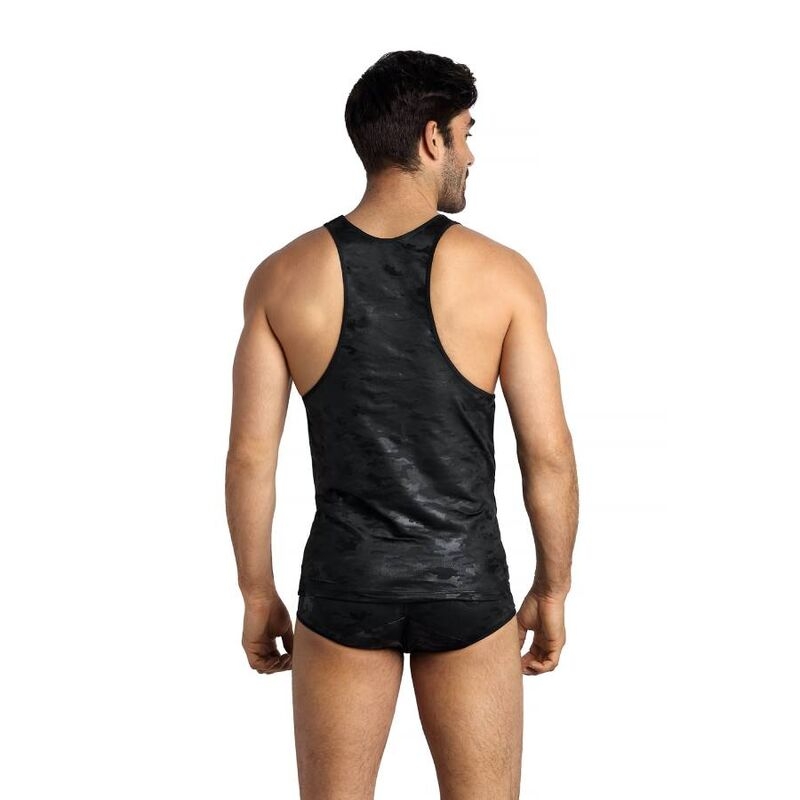 Back view of a man wearing a black camouflage athletic tank top and black shorts.