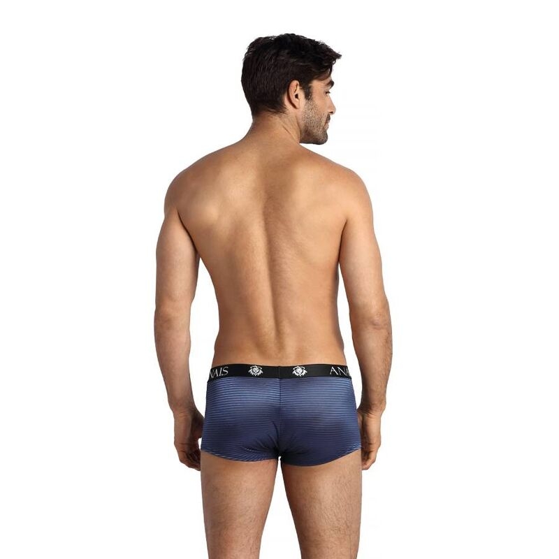 Back view of a man wearing navy blue striped boxer briefs with a black elastic waistband.