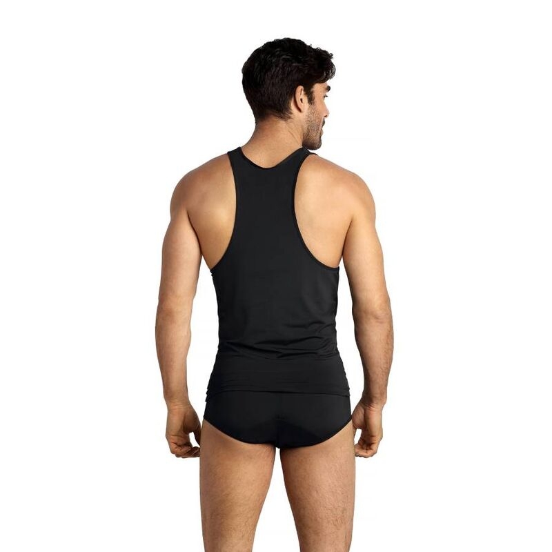 Back view of a man wearing a black racerback tank top and black briefs, showing the product from behind.