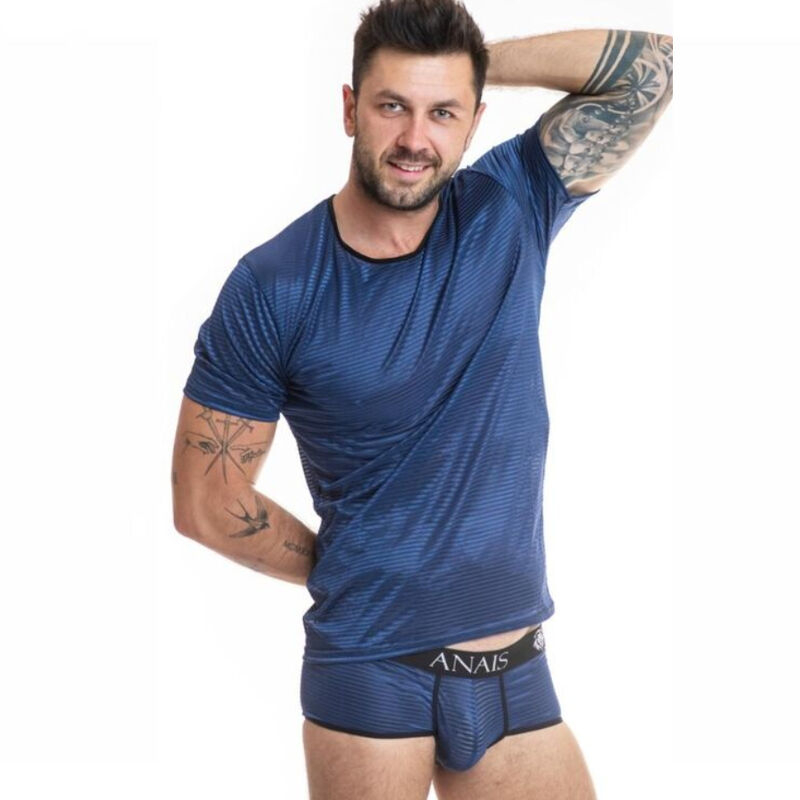 Male model in blue striped athletic T-shirt and matching briefs, posing with one hand behind his head against a white background.