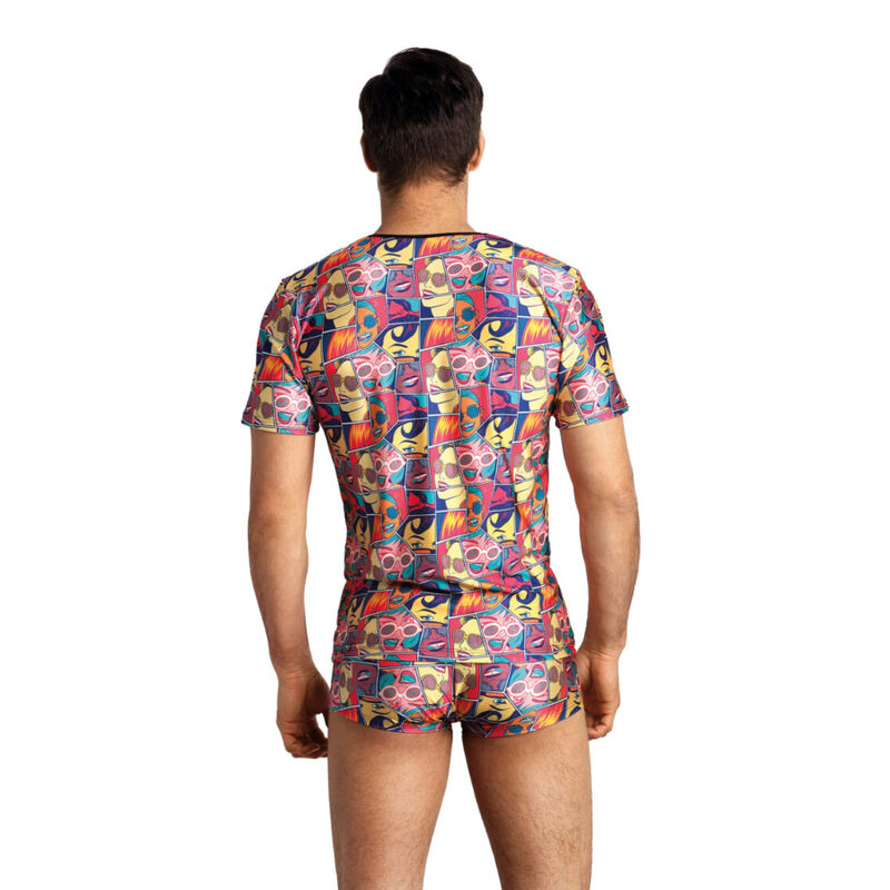 Man wearing a matching short-sleeve shirt and shorts set with a colorful pop‑art comic print, viewed from the back.